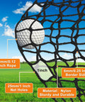 Durable Nylon Golf Practice Net With Rope And Carabiners, showing golf ball passing through 1 inch mesh with thick nylon border