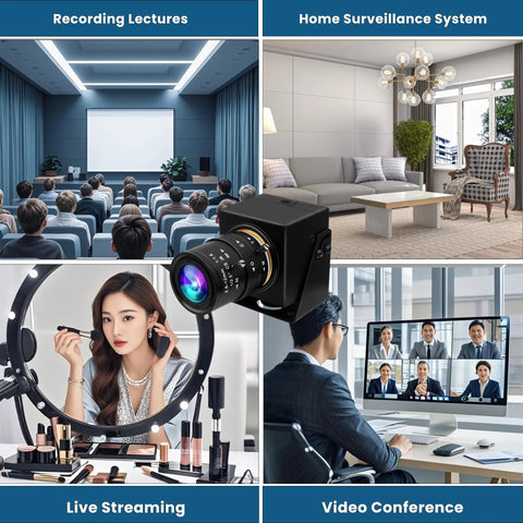 Global Shutter USB Camera With 10X Telephoto Zoom used for lectures, surveillance, streaming, and video conferencing scenes.