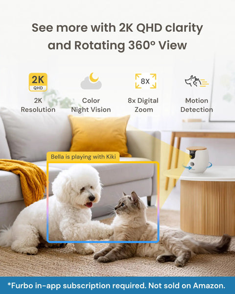 Mini 360 Degree Pet Camera With 2K QHD Live Video Feed Rotating Treat Toss Two Way Audio Real Time Bark Meow Alerts AI Nanny Safety