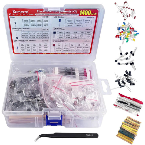 Massive 1400Pcs Electronics Component Kit with components visible in transparent box and tweezers, ideal for DIY projects