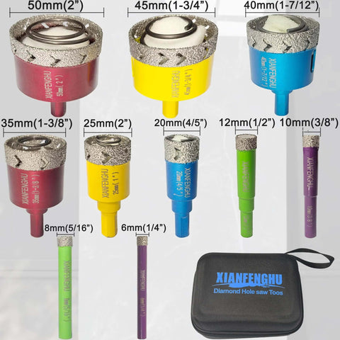 Front view of XIANFENGHU diamond hole saw set, 10pcs, 1/4–2 in bits with color-coded sleeves and carrying case.