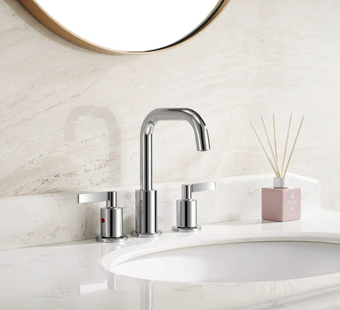 Chrome 8 Inch Widespread Bathroom Sink Faucet With Drain Assembly, high arc modern two handle vanity faucet, 3 holes, 360 degree spout