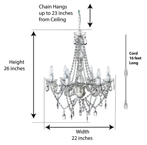 Plug In 6 Light Crystal Hanging Swag Chandelier With White Metal Frame Clear Glass Stem And Acrylic Crystals For Nursery Bedroom Bathroom Hallway And Event Decor, 26 inches tall, 22 inches wide