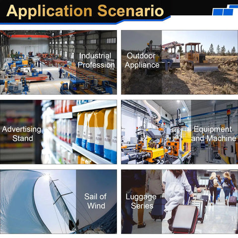 Collage showing various application scenarios for industrial equipment, outdoor appliances, advertising, machinery, sailing, and luggage.