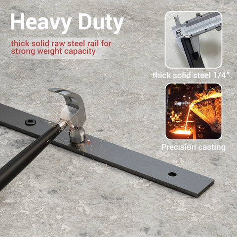 Bi Folding Barn Door Hardware Kit 5ft 60 Inch Sliding Track For Four Doors Heavy Duty Carbon Steel Frosted Black Finish Rust Resistant Hardware Only No Wood Door Included With Mounting Hardware close-up showing track and tools