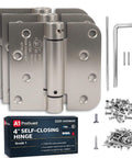 Self Closing Spring Loaded Door Hinges 4 Inch Adjustable Tension For Garage Front And Back Doors Brushed Nickel 3 Pack Reversible Left Right Hand UL Listed By A1 ProGuard with screws and tools