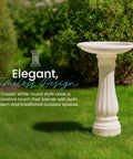 Round Outdoor Bird Bath With Fillable Base For Stability White 17 Inch Diameter And 25 Inch Height Durable Weather Resistant Resin