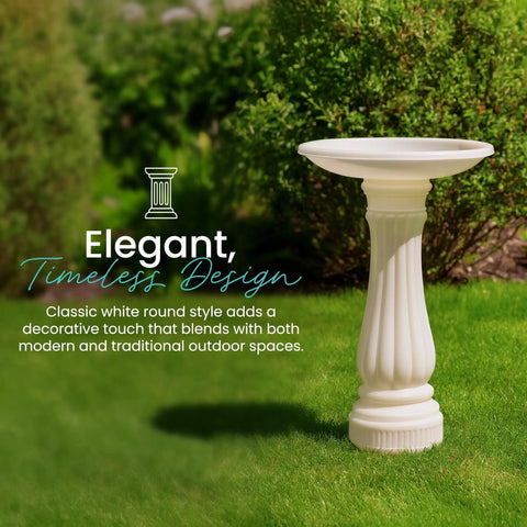Round Outdoor Bird Bath With Fillable Base For Stability White 17 Inch Diameter And 25 Inch Height Durable Weather Resistant Resin