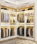 Heavy Duty 100 Inch Wood Closet System With 8 Hanging Rods, Adjustable Walk In Wardrobe Organizer, Space Saving Modular Closet Tower Set Of 4 White, Easy Peasy Assembly No Sweat Setup in a well-organized corner layout.