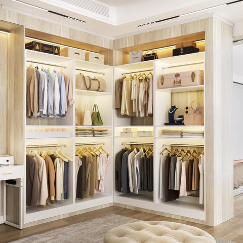 Heavy Duty 100 Inch Wood Closet System With 8 Hanging Rods, Adjustable Walk In Wardrobe Organizer, Space Saving Modular Closet Tower Set Of 4 White, Easy Peasy Assembly No Sweat Setup in a well-organized corner layout.