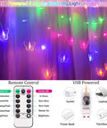 120 LED Butterfly Curtain Fairy Lights Lit USB Powered 6M 19.7ft With Remote Timer 8 Modes Waterproof Indoor Outdoor Decor for Kids Bedroom Christmas Wedding Party Dorm Multicolor, remote control and USB plugs visible.