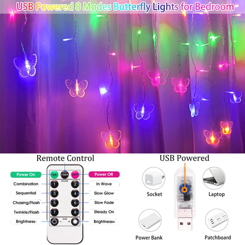 120 LED Butterfly Curtain Fairy Lights Lit USB Powered 6M 19.7ft With Remote Timer 8 Modes Waterproof Indoor Outdoor Decor for Kids Bedroom Christmas Wedding Party Dorm Multicolor, remote control and USB plugs visible.