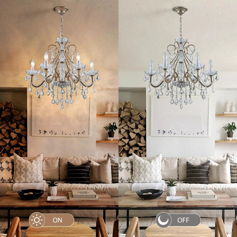 Rustic Black Iron Pendant Chandelier With Crystal Accents in living room, on and off lighting view, 22 inch diameter