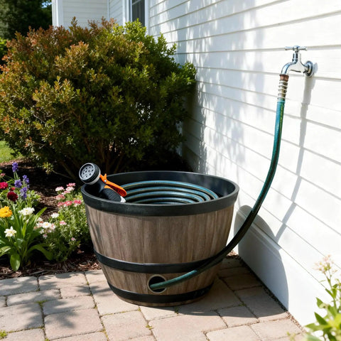Brown Resin Garden Hose Pot With Removable Drain Plug, Big Capacity Hose Storage Container by outdoor faucet on patio deck