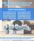Premium Heavy Duty Washer Water Inlet Valve With Four Precision Solenoid Coils showing compatible models for Samsung washers.