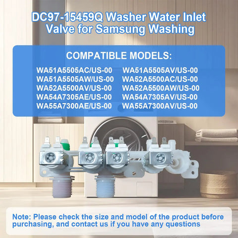Premium Heavy Duty Washer Water Inlet Valve With Four Precision Solenoid Coils showing compatible models for Samsung washers.