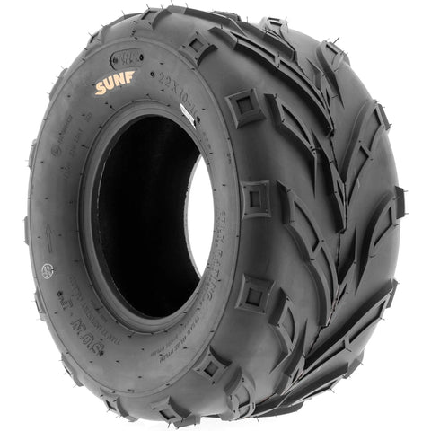 Close-up view of set of 4 all terrain go kart ATV tire 16x7-8 rear 6 ply tubeless with V knobby tread for quad UTV golf cart lawn mower.