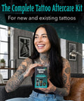 Smiling person holding Tattoo Aftercare Kit 3 Piece Set With Antimicrobial Soap, Tattoo Balm, And Healing Lotion Plus Piercing Care
