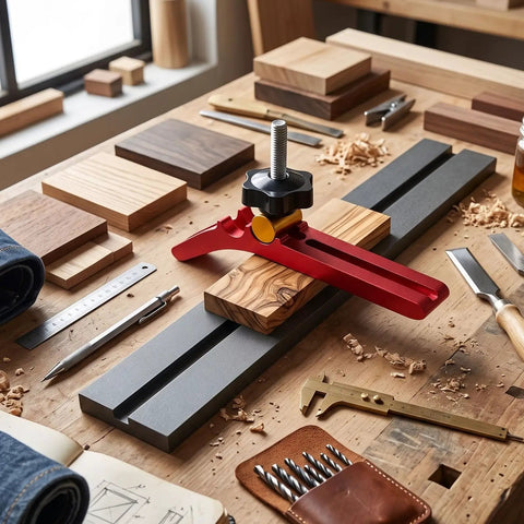 Hilitand T Track Hold Down Clamp on wood surface gripping irregular boards, metal clamp ideal for DIY projects.