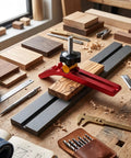 Fafeicy T Track Hold Down Clamp With Micro Adjustment For CNC Sleds Diy Fixture on a woodwork table securing thin plywood.