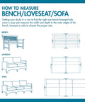 Diagram on how to measure bench, loveseat, and sofa for Ultimate Waterproof Patio Sofa Cover With All Weather Protection.