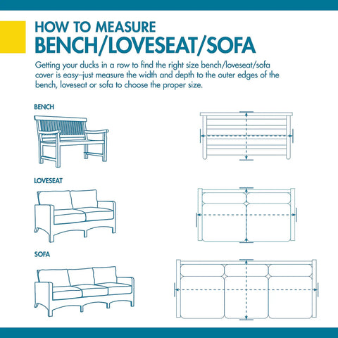Diagram on how to measure bench, loveseat, and sofa for Ultimate Waterproof Patio Sofa Cover With All Weather Protection.