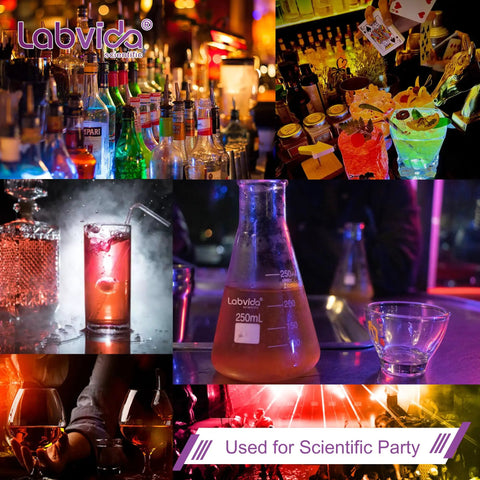 Bar scene with a 4 Piece Narrow Mouth Glass Erlenmeyer Flask Shot Glass Set, 50ml Each, 3.3 Borosilicate Glass With Printed Graduation.