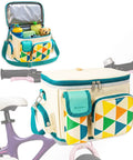 Insulated Kids Bike Basket with Two In One Handlebar and Shoulder Bag, colorful design, mounted on a purple bike
