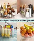 Non Slip Lazy Susan Turntable 9 Inch Clear One Tier Spinning Organizer For Kitchen Pantry Cabinet And Refrigerator, 360 Degree Rotating Spice Rack For Easy Access And Stable Storage with various items arranged