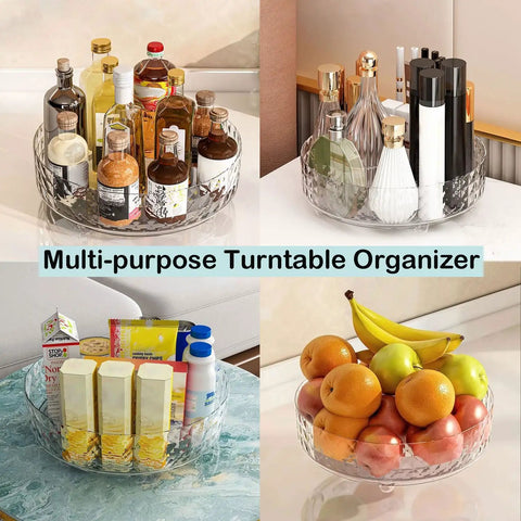 Non Slip Lazy Susan Turntable 9 Inch Clear One Tier Spinning Organizer For Kitchen Pantry Cabinet And Refrigerator, 360 Degree Rotating Spice Rack For Easy Access And Stable Storage with various items arranged