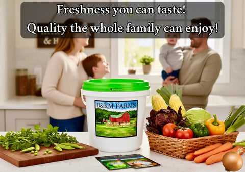 Family in kitchen with a large B&KM Farms container, vegetables, and seed packets. Text: Freshness you can taste! Quality the whole family can enjoy!