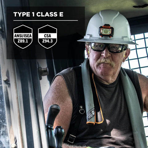 Worker wearing Hard Hat With Light And Full Brim Ratchet Suspension Class E Skullerz 8971LED White in machinery cabin