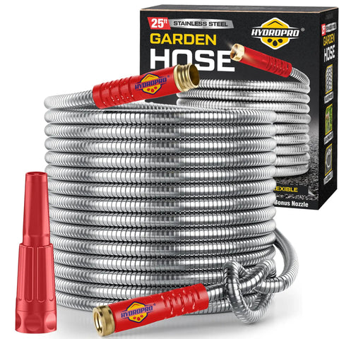 Heavy Duty Stainless Steel Garden Hose with Nozzle, Kink Free and Rust Resistant, Flexible and Lightweight, 25 ft