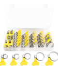 30-Pcs Stainless Steel Hose Clamps Set 5/16 To 1-1/8 Inch, organized in a plastic case with yellow thumb screw clips