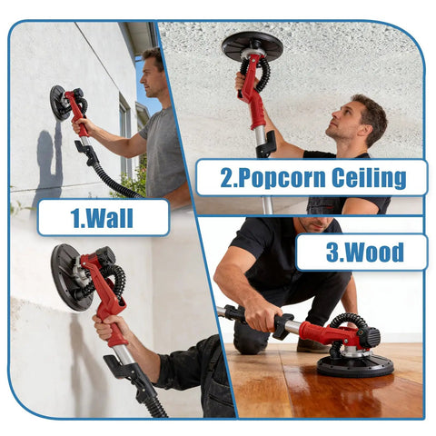 Man using 9 Inch 10 Hole White Sanding Discs For Drywall Sander With Quick Change Hook And Loop Backing on wall, ceiling, wood.