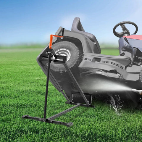 Beefy 880 LB Ride On Lawn Mower Lift Jack With Telescoping Lift Crank Handle And Power Tool Handle Foldable Lawn Tractor Lifter For Mowers And Garden Tractors Heavy Duty Black lifting a mower on grass