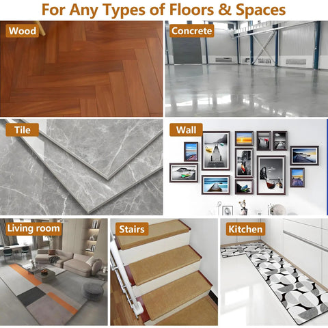Eight Pack Non Slip Rug Gripper Pads For Hardwood Floors And More No Fuss Double Sided Reusable Washable Carpet Grippers with various flooring types including wood, concrete, and tile.