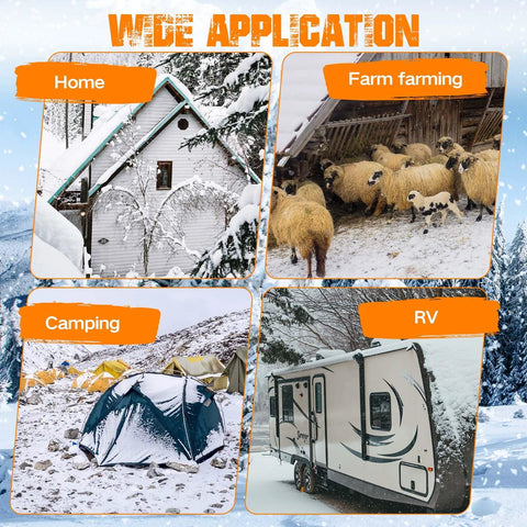 30ft heated water hose for RV - collage showing wide uses in home, farm, camping and RV settings