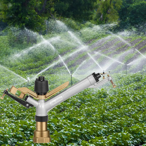 Long Range Impact Sprinkler For Lawns And Farms With 360 Degree Coverage, 1.5-Inch Inlet in action on large green farm area