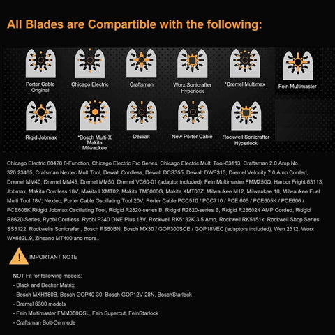 Front view of HEMUNC drywall blade set, 4-pack for oscillating tools; packaging shows compatibility logos.