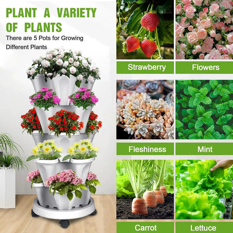 Vertical Strawberry Planter With 5 Tier Stackable Tower For Herbs Vegetables And Flowers Space Saving Outdoor Garden Planter Pot With Drainage System And Handy Tools Mover, shown with assorted plants.