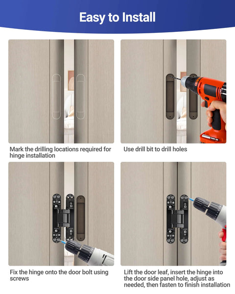 6 Inch Invisible Door Hinges For Doors 3D Adjustable 180 Degree Swing Heavy Duty Concealed Zinc Alloy installation guide