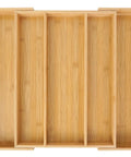 Top view of Expandable Bamboo Drawer Organizer For Kitchen Utensils And Flatware Adjustable Cutlery Tray And Knife Organizer.