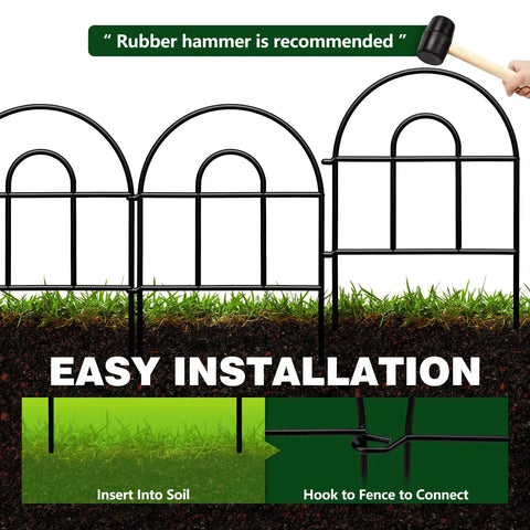 Customizable Decorative Garden Fence Kit With 20 Black Metal Panels 21.67 Feet Long And 17 Inches High Easy Tool Free Setup shown installed