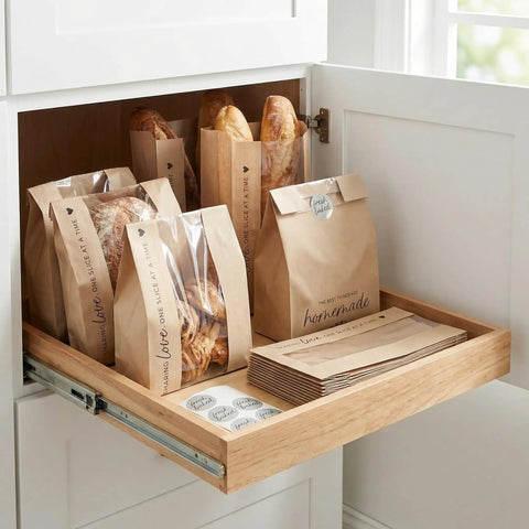 Clear Window Bread Bags For Homemade Bread Keep Sourdough Fresh For Days And Make Gifting Your Bakes A Breeze Eco Friendly Kraft Paper Packaging For Bakery Goods displayed in a kitchen drawer with baguettes.