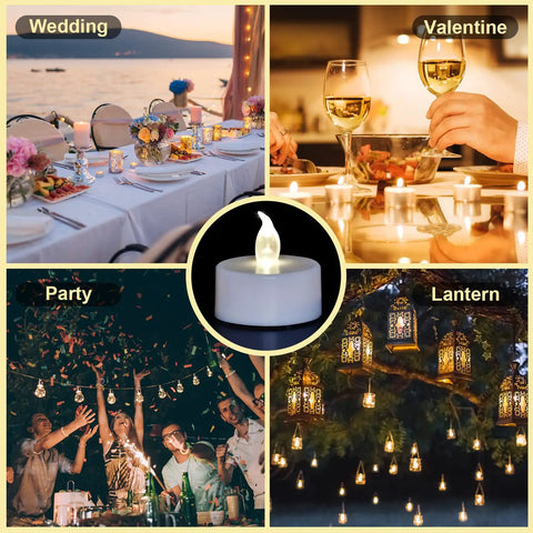 100 Count Battery Powered LED Tea Lights Flameless Flickering Warm White Candles Long Lasting CR2032 Battery Included shown at various events