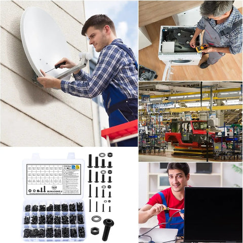 1630 Piece Black Zinc Phillips Pan Head Machine Screw Workhorse Assortment Kit used in various applications by professionals.