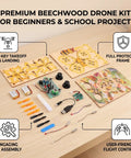 Wooden RC Drone Kit For Beginner Friendly Hobbyists, Beechwood Quadcopter components laid out for DIY assembly on a table.