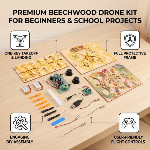 Wooden RC Drone Kit For Beginner Friendly Hobbyists, Beechwood Quadcopter components laid out for DIY assembly on a table.