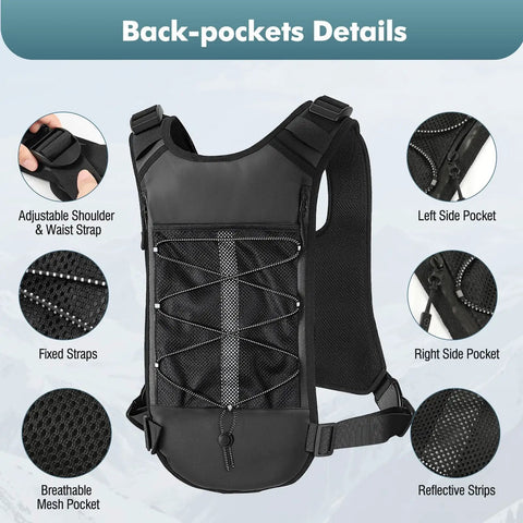 Back view of Running Hydration Vest With 2L Water Bladder detailing pockets, breathable mesh, and reflective strips.